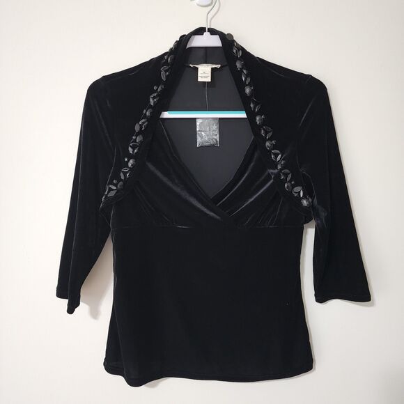 White House Black Market Tops - New WHBM Womens Velour Velvet 3/4 Sleeve Top Black Jeweled Holiday Party Size M
